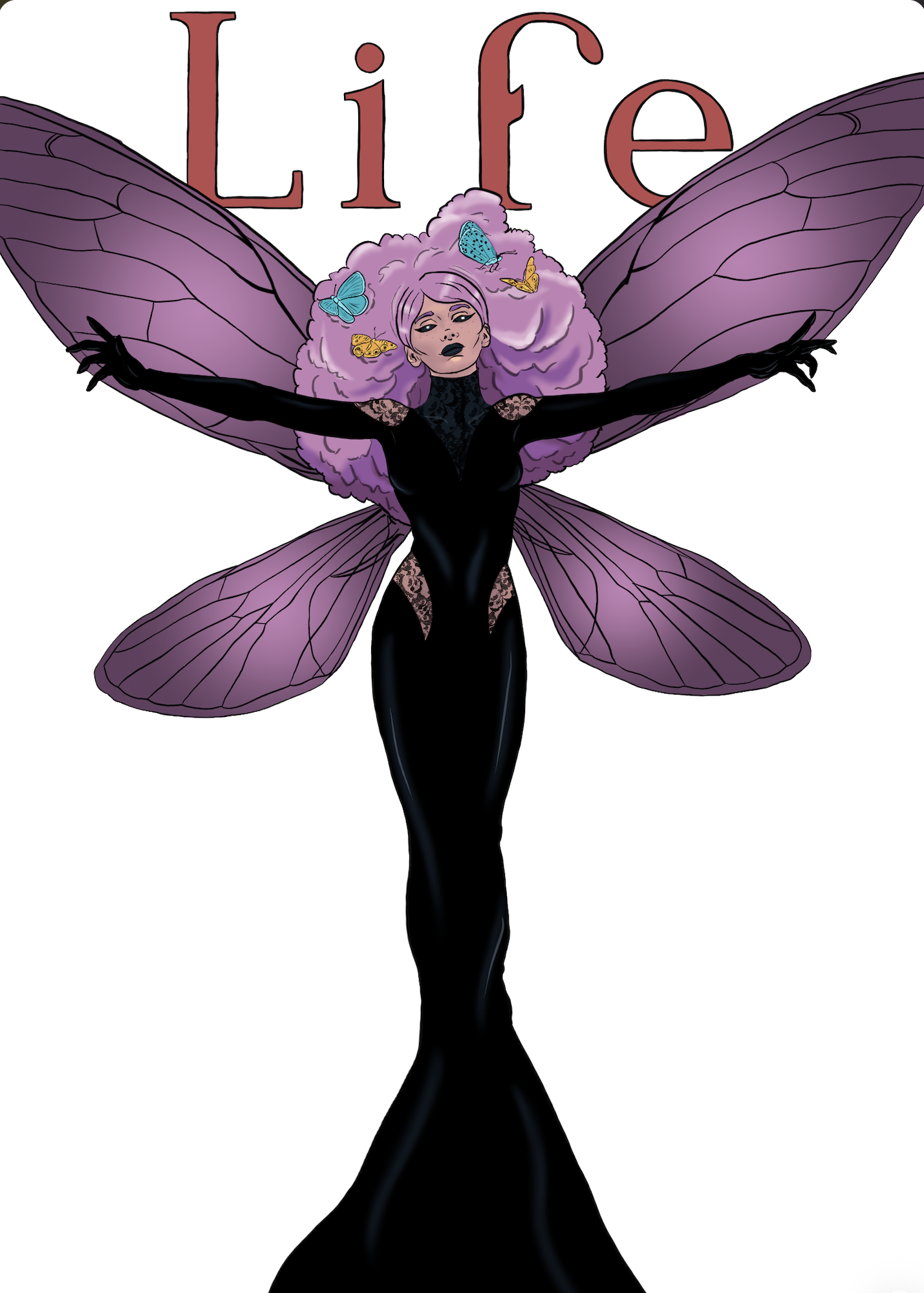 Illustration of a woman with purple butterfly wings and curly hair with butterflies, wearing a black dress, standing in front of the word "Life".