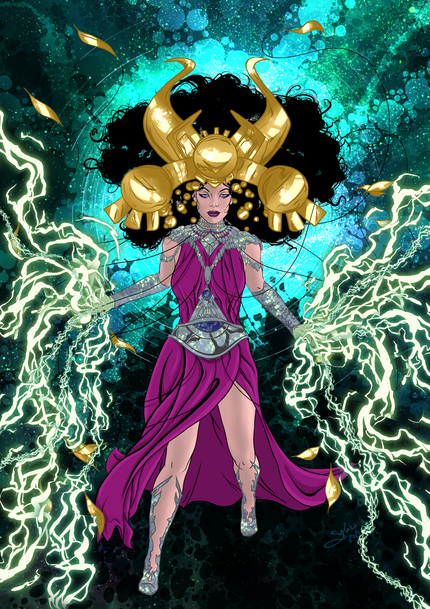 A woman in a purple dress with silver accents, standing with arms outstretched amidst green and yellow lightning, and glowing orbs and sparkles in the background. She has curly black hair and is wearing intricate jewelry.