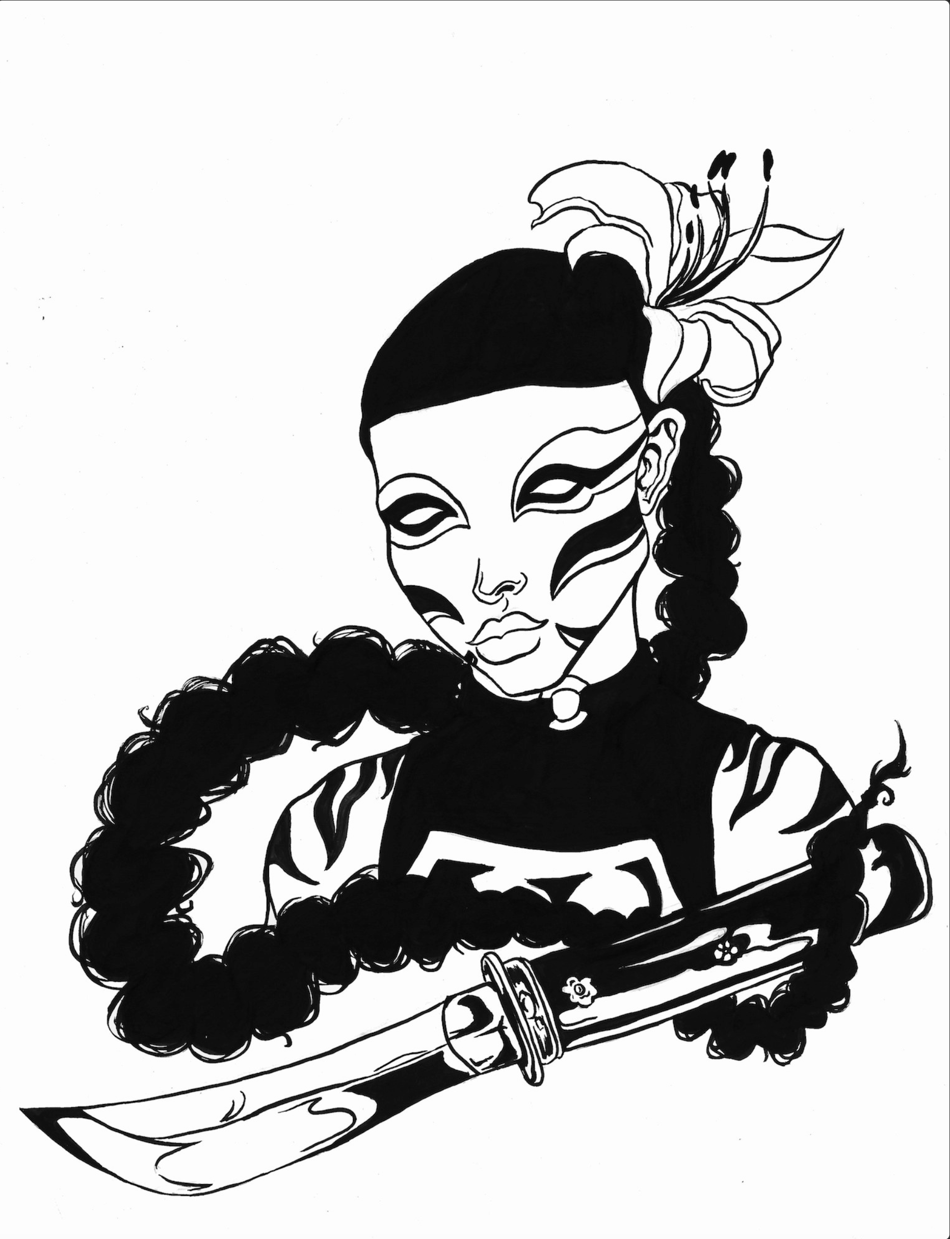 Black and white illustration of a woman with makeup and hair accessories, wearing a Batman symbol shirt, holding a Baroque-style fountain pen with floral engravings.