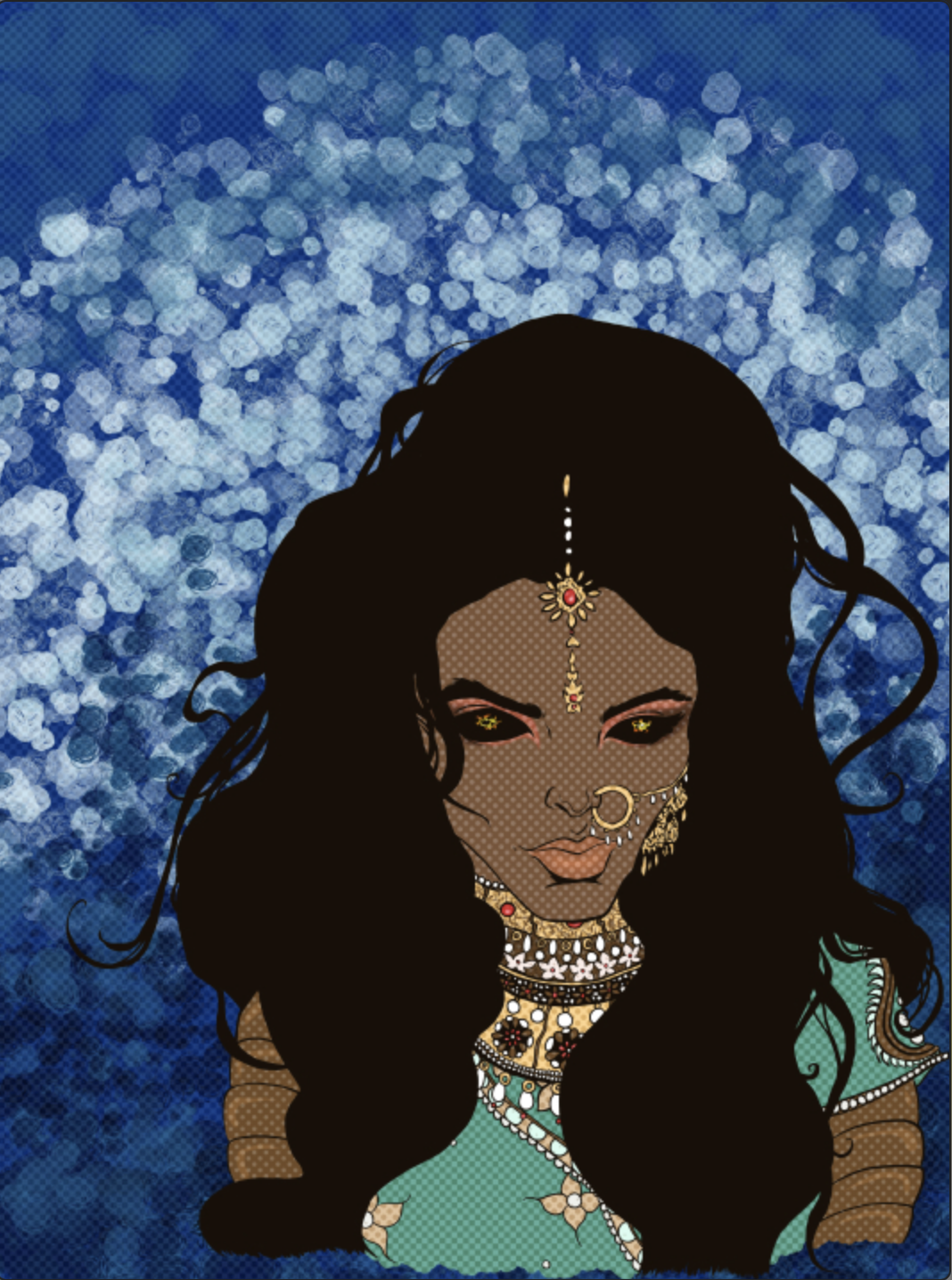 Digital illustration of a woman with dark, wavy hair and gold jewelry, including a nose ring, forehead ornament, choker, and earrings, against a blue bokeh background.