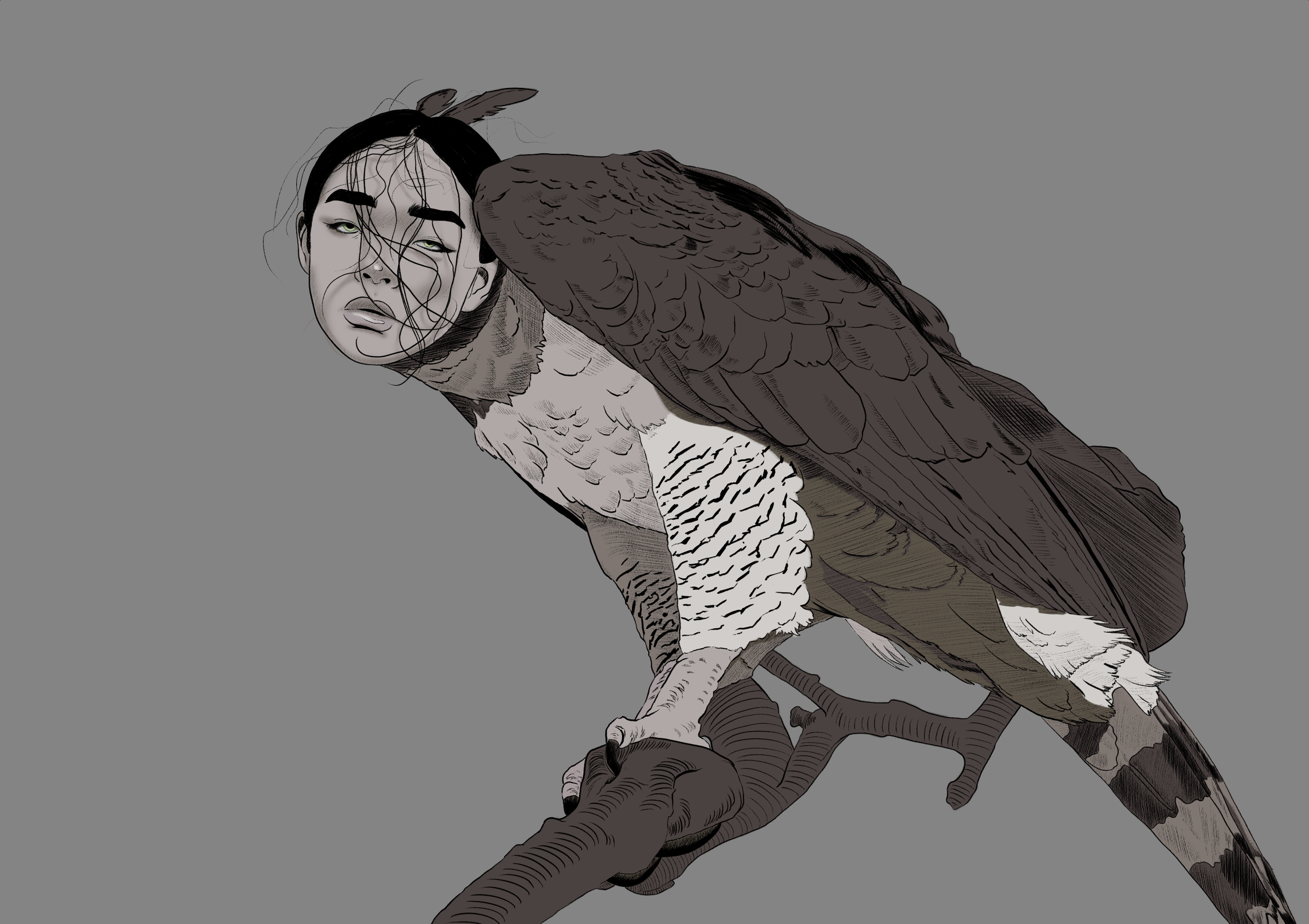 A digital illustration of a woman with a bird's head, blending human and bird features, set against a gray background.