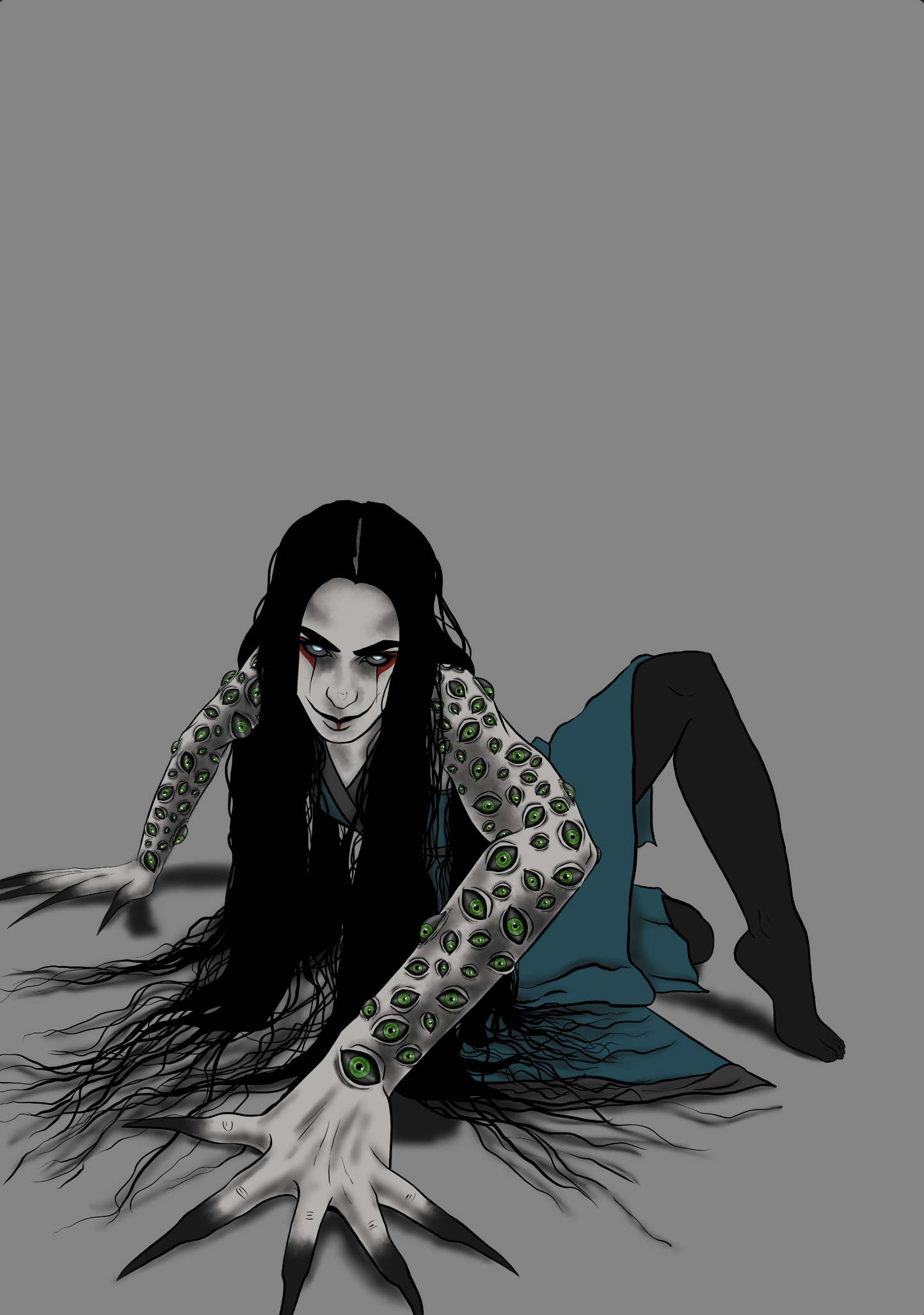 A woman with long black hair, pale face, and frightening makeup with red streaks and sharp teeth, is crawling on the ground with multiple eyes on her arms and shoulders, set against a plain gray background.