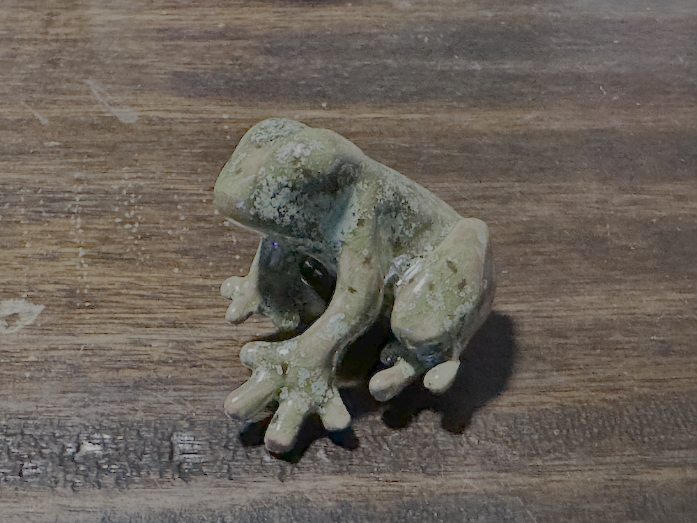 Small frog figurine on a wooden surface