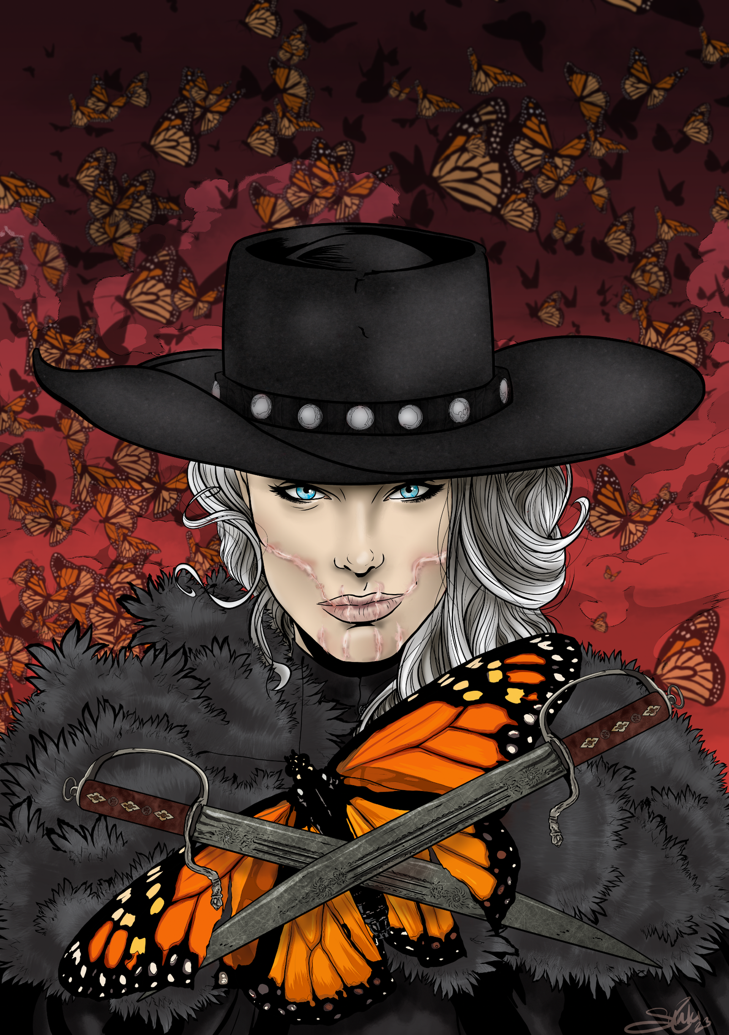 A woman with silver hair, blue eyes, and a stitched face, wearing a black hat with silver studs, a fur coat, and orange gloves. She holds a butterfly-shaped sword. Several monarch butterflies are flying around her against a dark, reddish sky with pin
