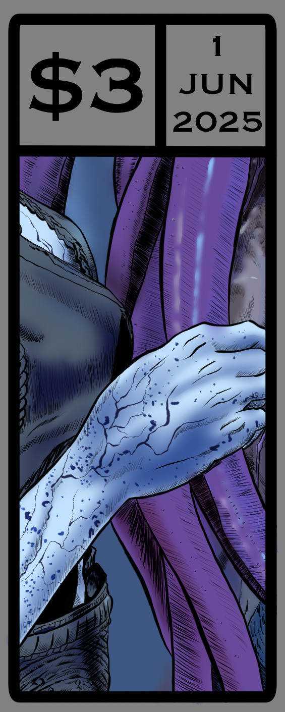 A comic-style illustration of a zombie hand with bluish skin and visible veins, gripping a purple-collared shirt. Text indicates a $3 price, June 1, 2025, date.