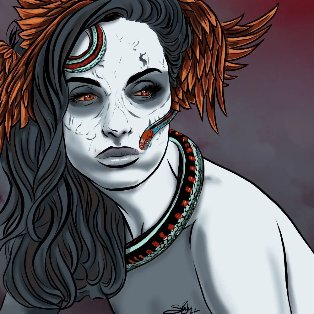 Digital illustration of a woman with long black hair, painted white face, dark eye makeup, and snake necklace, with a snake on her face and dark horns or animal ears.