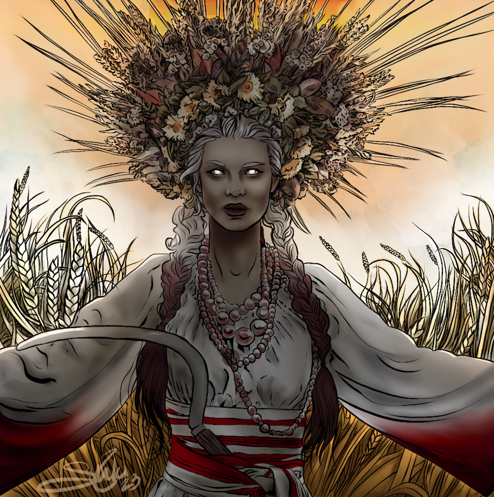 Illustration of a woman with dark skin and long, braided hair, wearing traditional clothing and jewelry, standing in a wheat field with a dramatic sky and sun behind her, wearing a large floral headdress with wheat stalks.