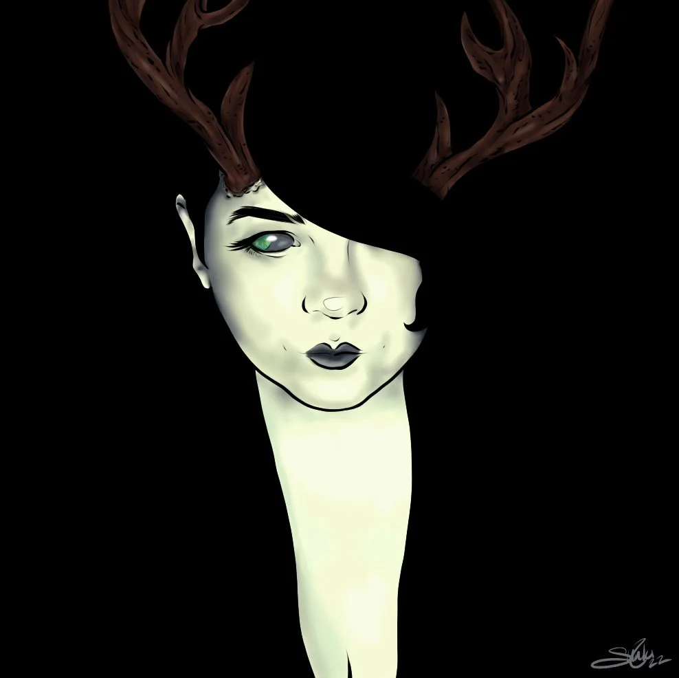 Digital illustration of a woman with pale skin, black lipstick, and dark eye makeup, partially obscured by black hair, wearing deer antlers on her head.