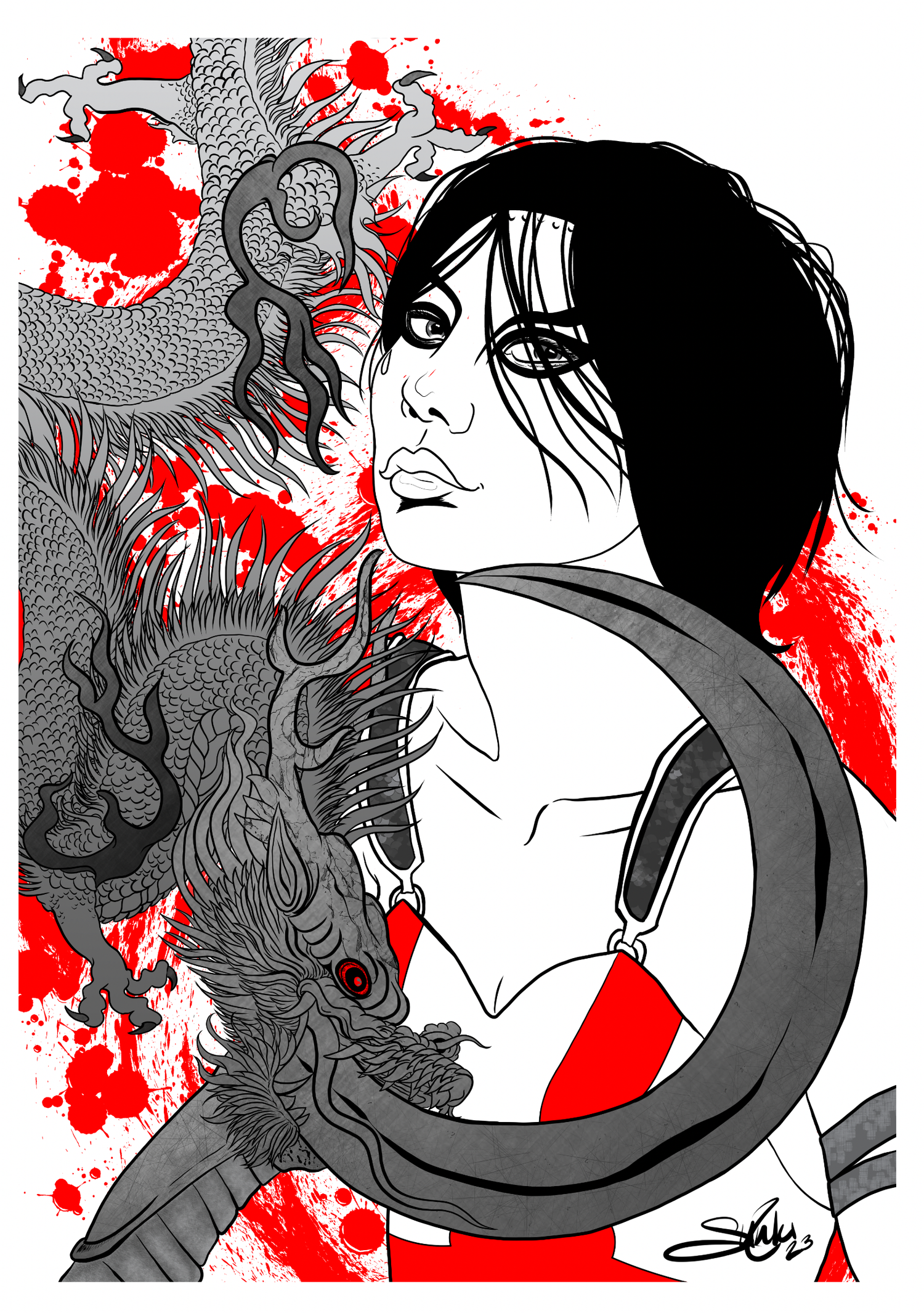 A black-and-white illustration of a woman with short black hair and a dragon, with red splashes in the background and a red diamond pattern on her clothing.