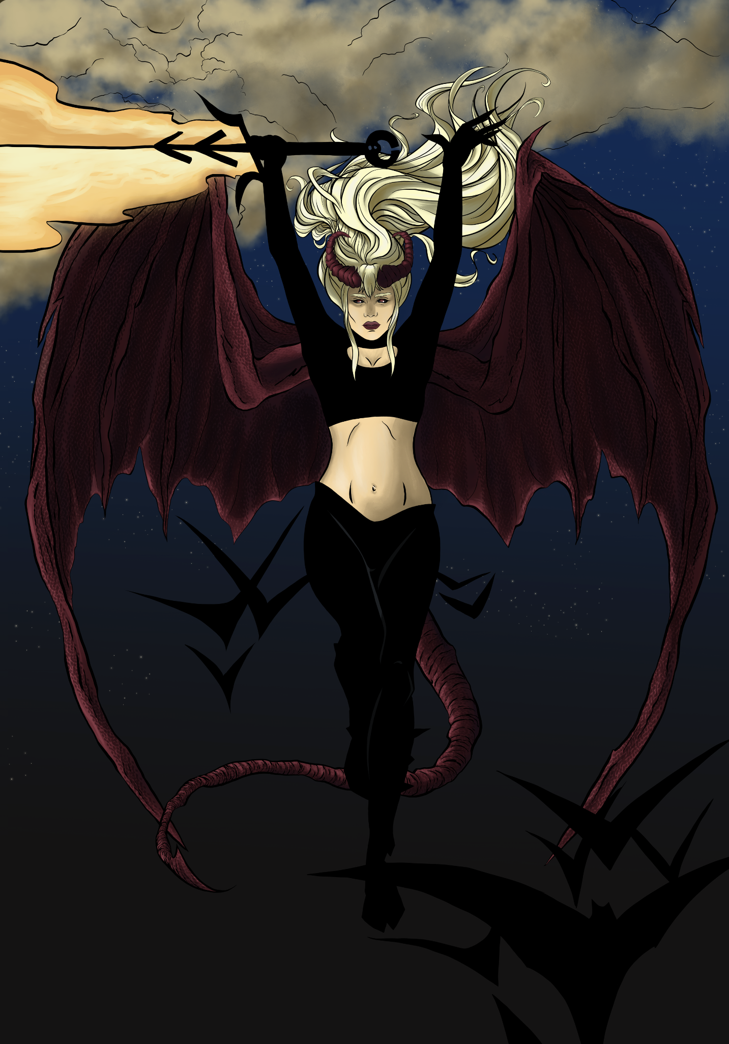 A fantasy illustration of a female demon or demoness with large red bat-like wings, horns, and long white hair, holding a spear with a fiery tip. She has a serious expression, wears a black crop top and black pants, and stands against a dark, starry 