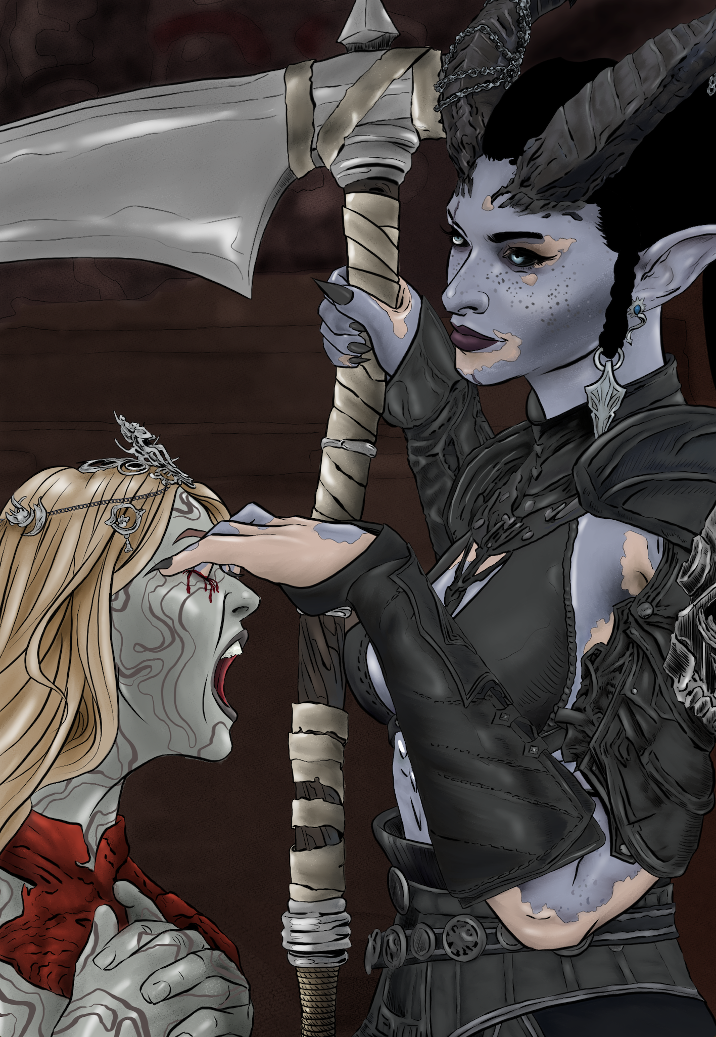A fantasy-style illustration of a confrontation between a male elf with blue skin and dark, braided hair, holding a large axe, and a woman with white skin, red eyes, and long blond hair, wearing a crown and red dress, on a dark background.