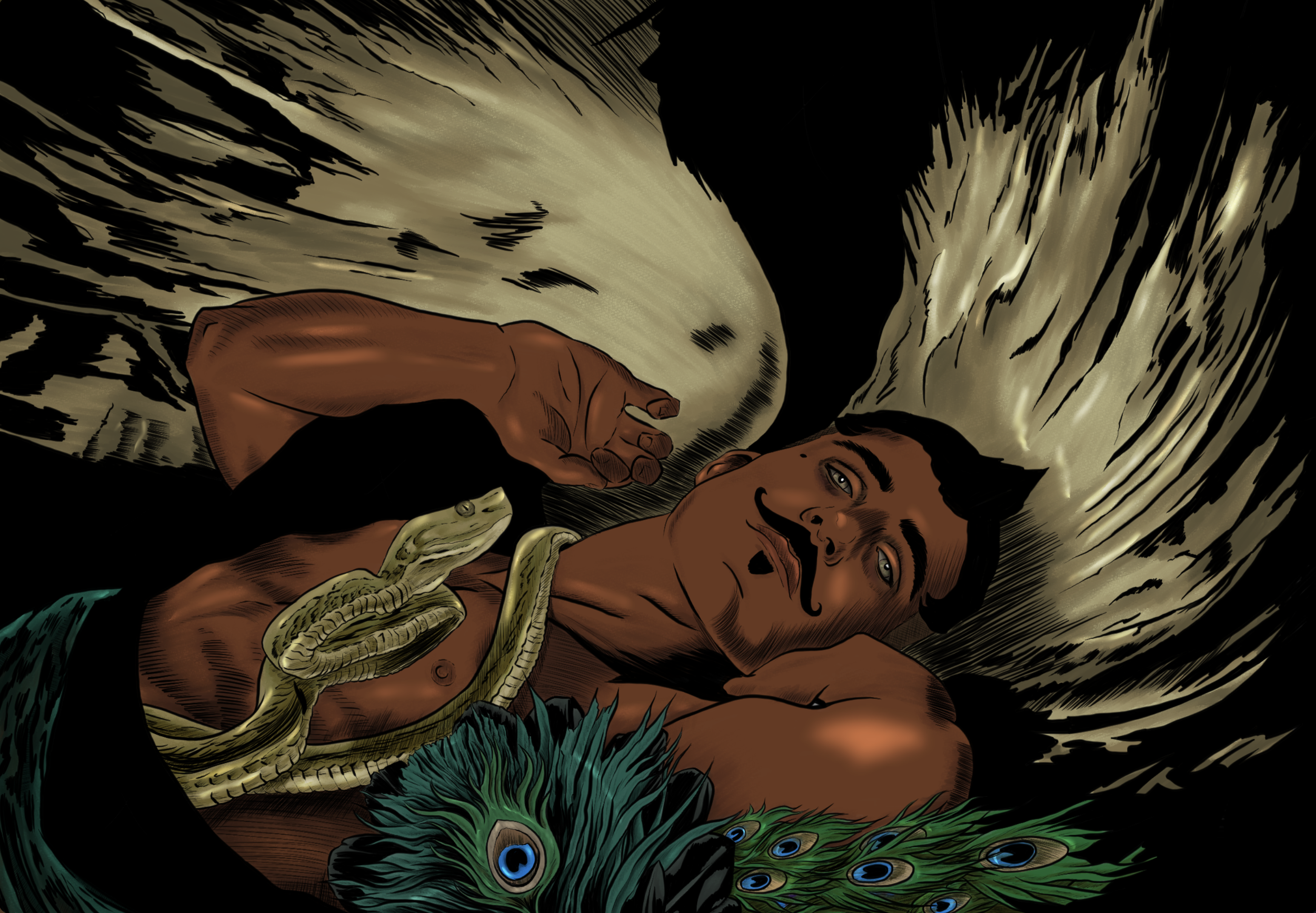 A comic-style illustration of a shirtless man with a mustache lying on the ground, with a snake wrapped around his shoulders. The background is dark and abstract.