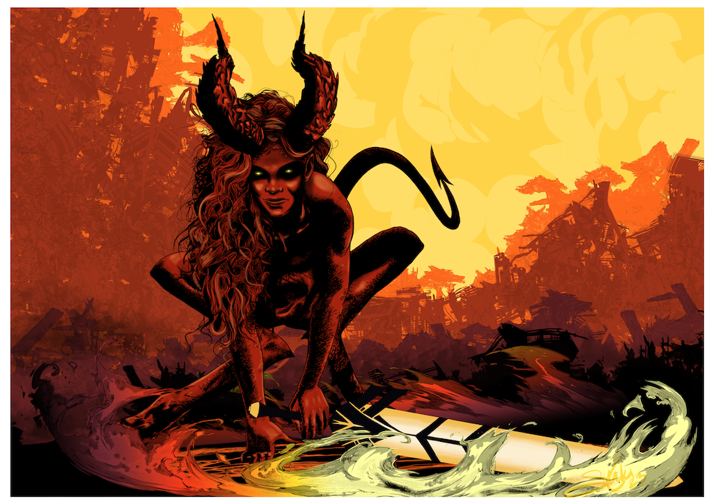 A demon-like creature with horns, glowing eyes, and a tail kneels on a fire-lit battlefield with ruins and smoke in the background.