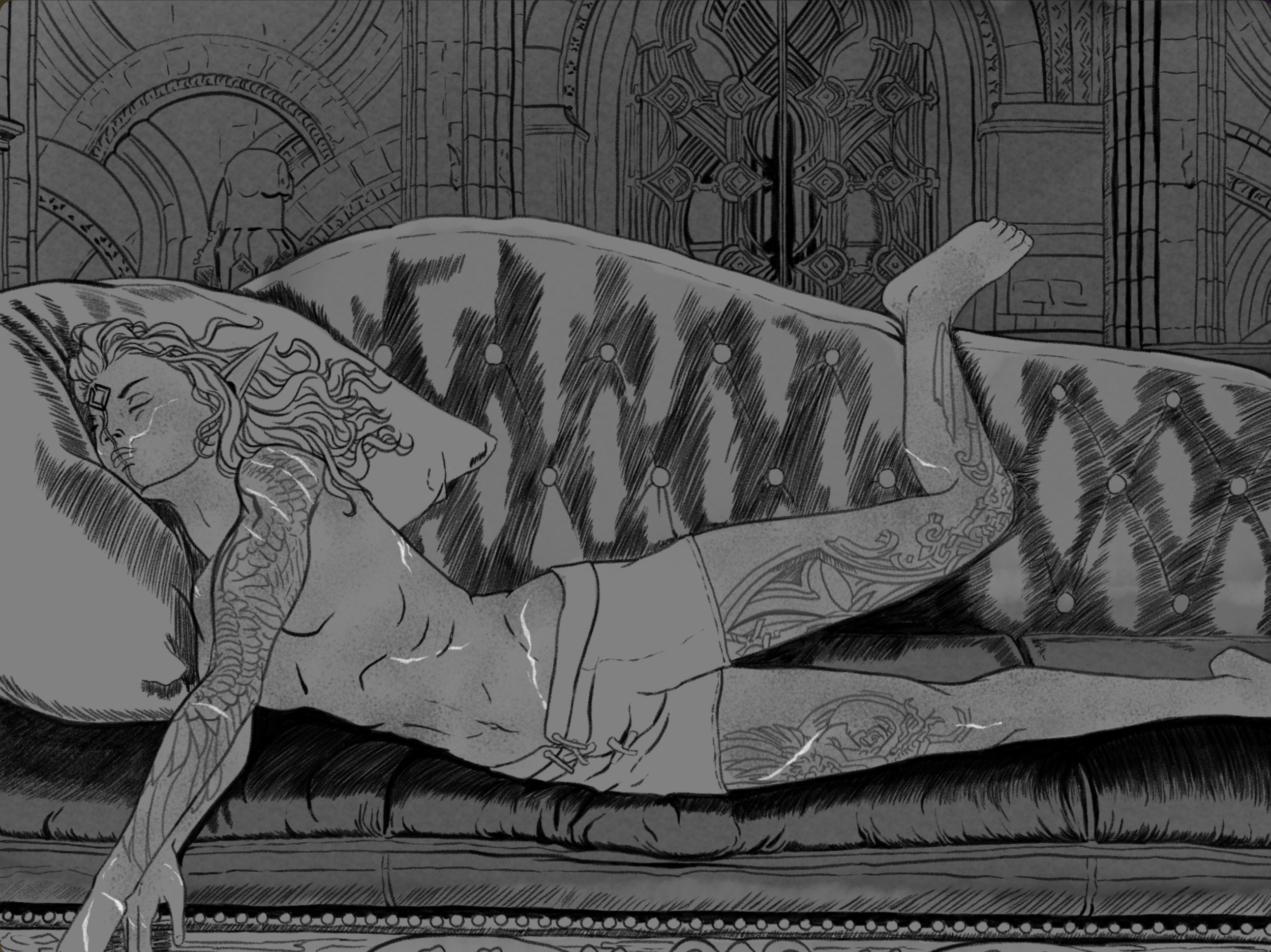 Black and white illustration of a person with pointed ears and long hair, lying on a bed with tattoos on their arm, in a Gothic-style room with detailed architecture and a large ornate window in the background.
