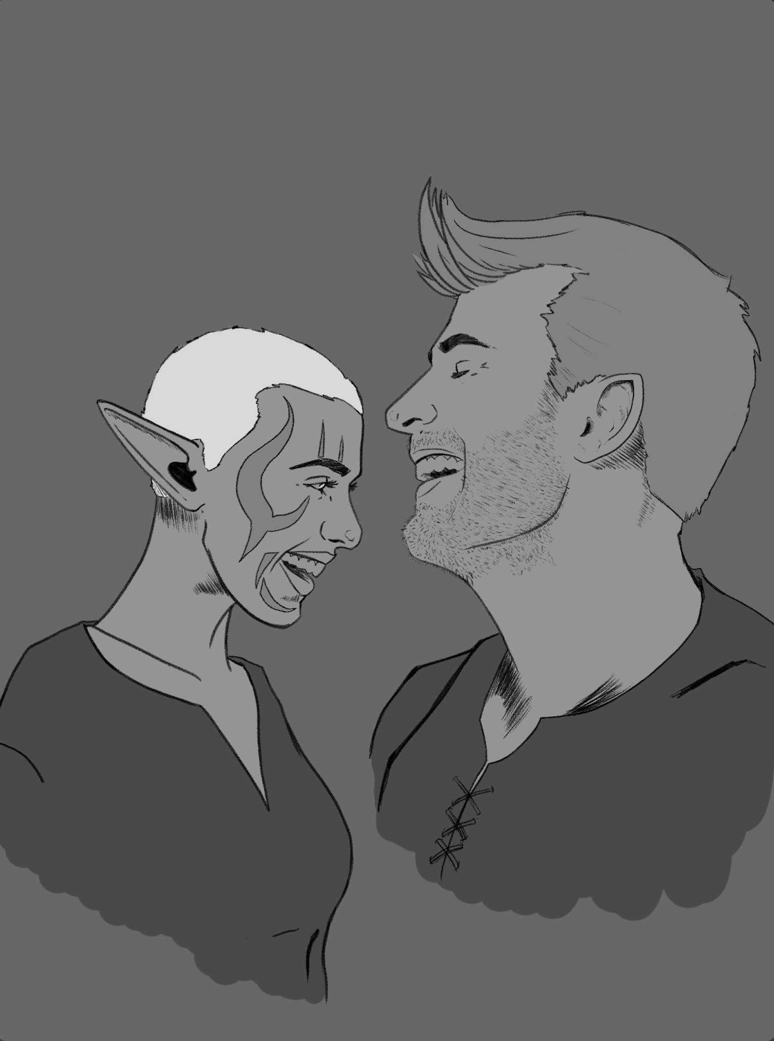A black and white illustration of a smiling woman with elf-like ears and a man with a beard, both facing each other close together, appearing happy.