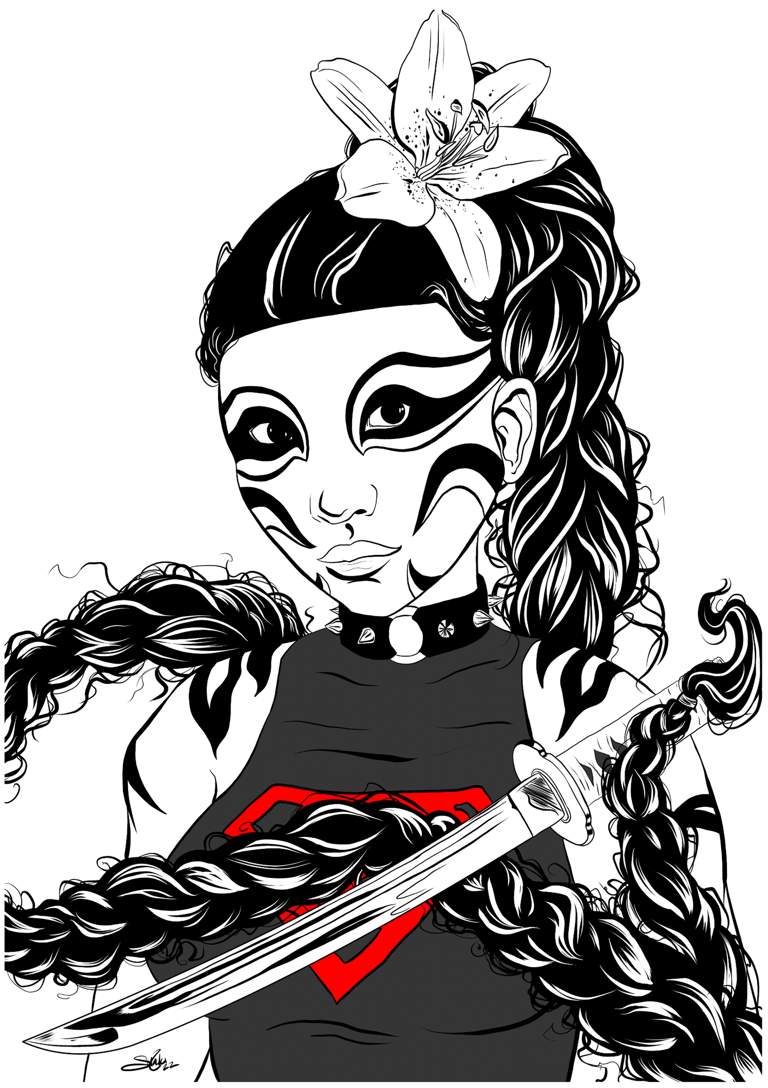 Black and white illustration of a woman with a large flower in her hair, face painted with bold tribal style, wearing a choker and a shirt with the Superman logo, holding a sword.