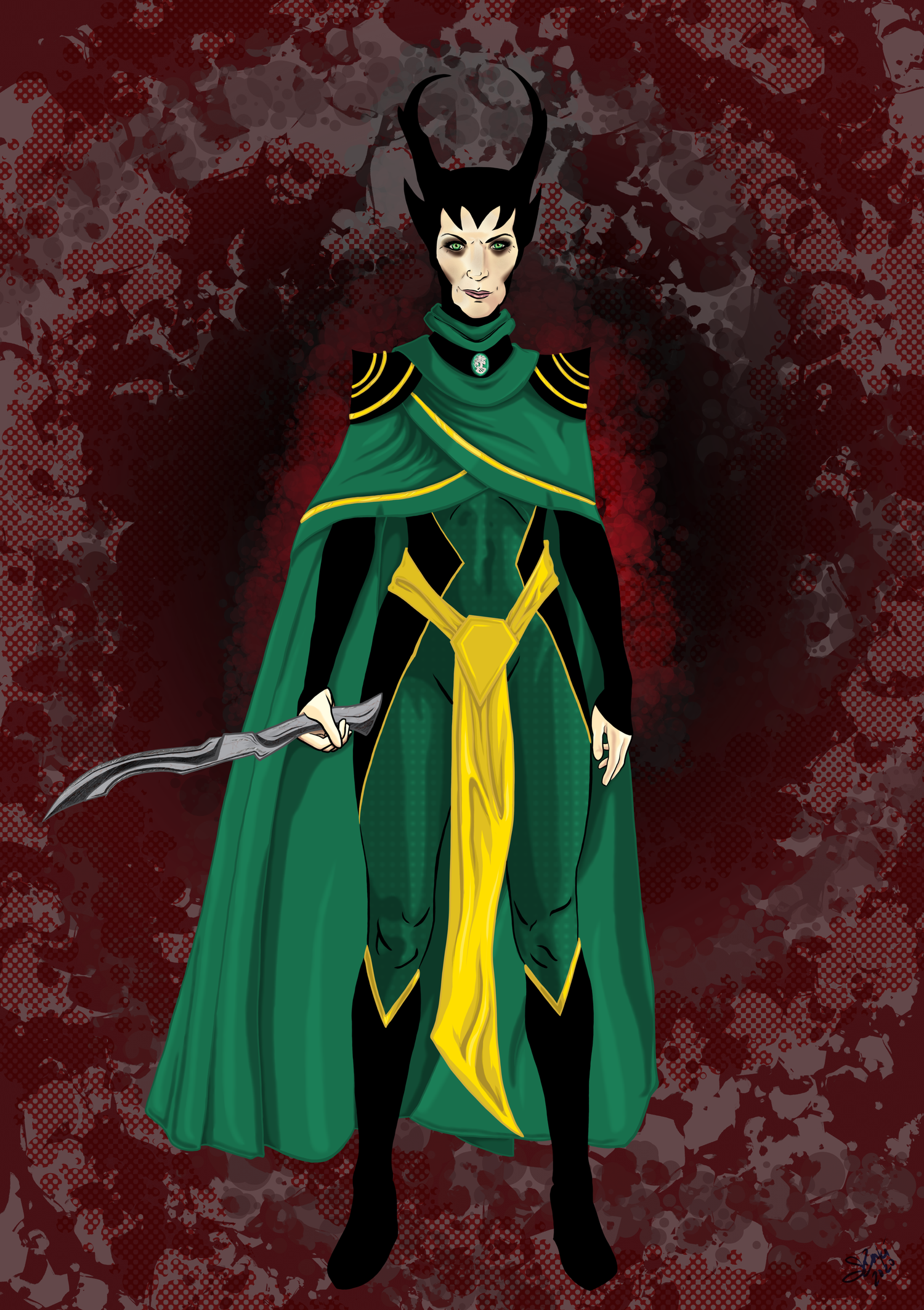 A digital illustration of Maleficent, a character with black horns, green eyes, and pale skin, dressed in a green and black outfit with gold accents, standing against a dark, abstract, blood-splattered background.