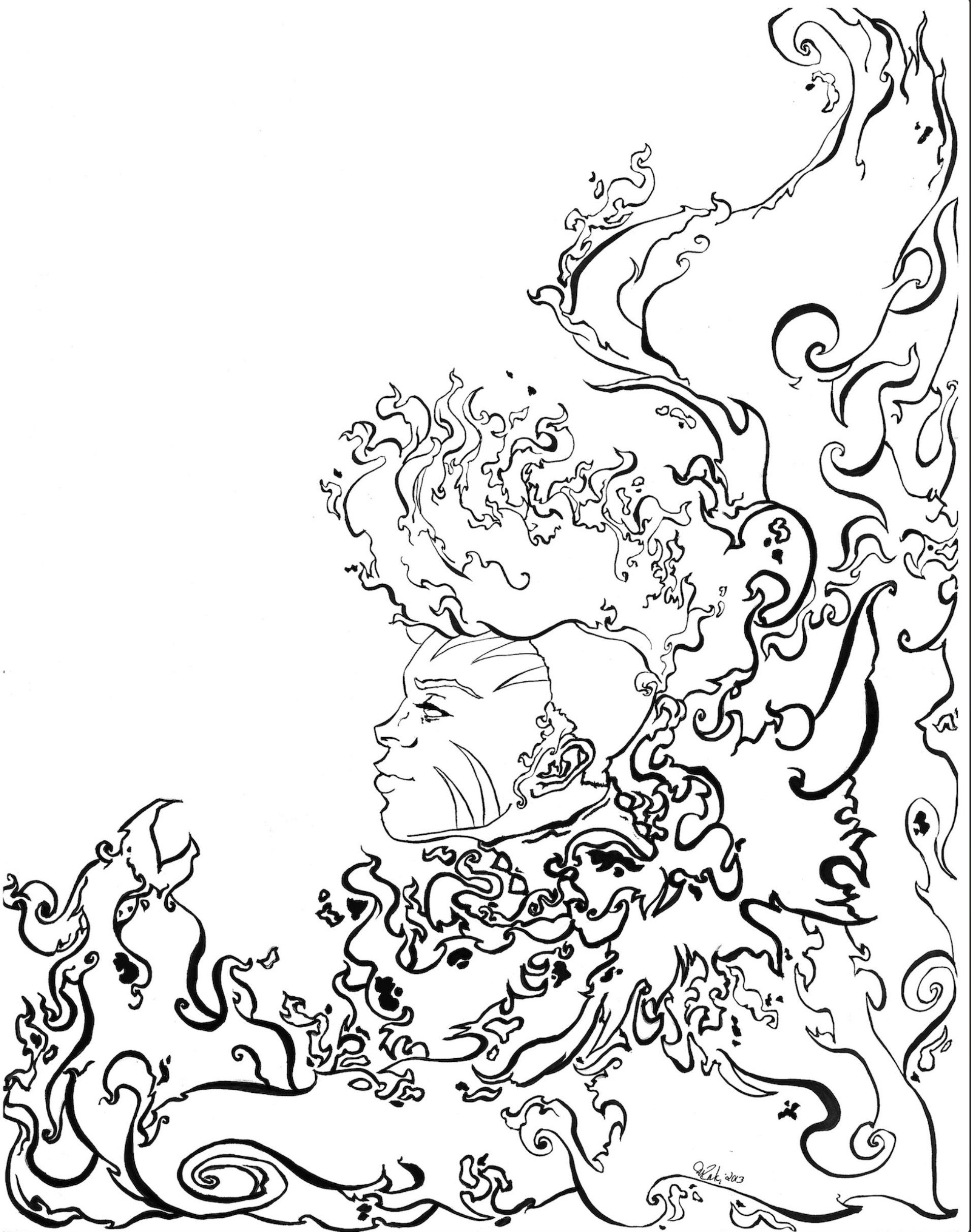 Black and white line drawing of a woman with long flowing hair, her face in profile, surrounded by swirling, curling patterns.