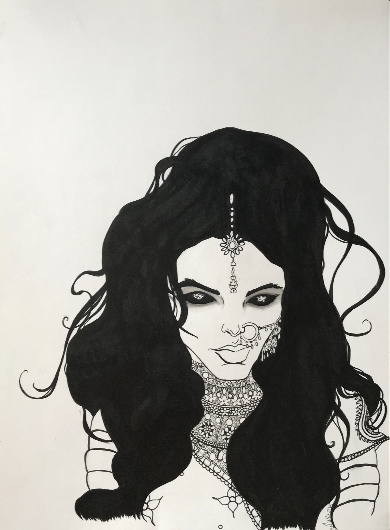 Black and white illustration of a woman with long wavy hair adorned with jewelry and intricate patterns, facing forward.