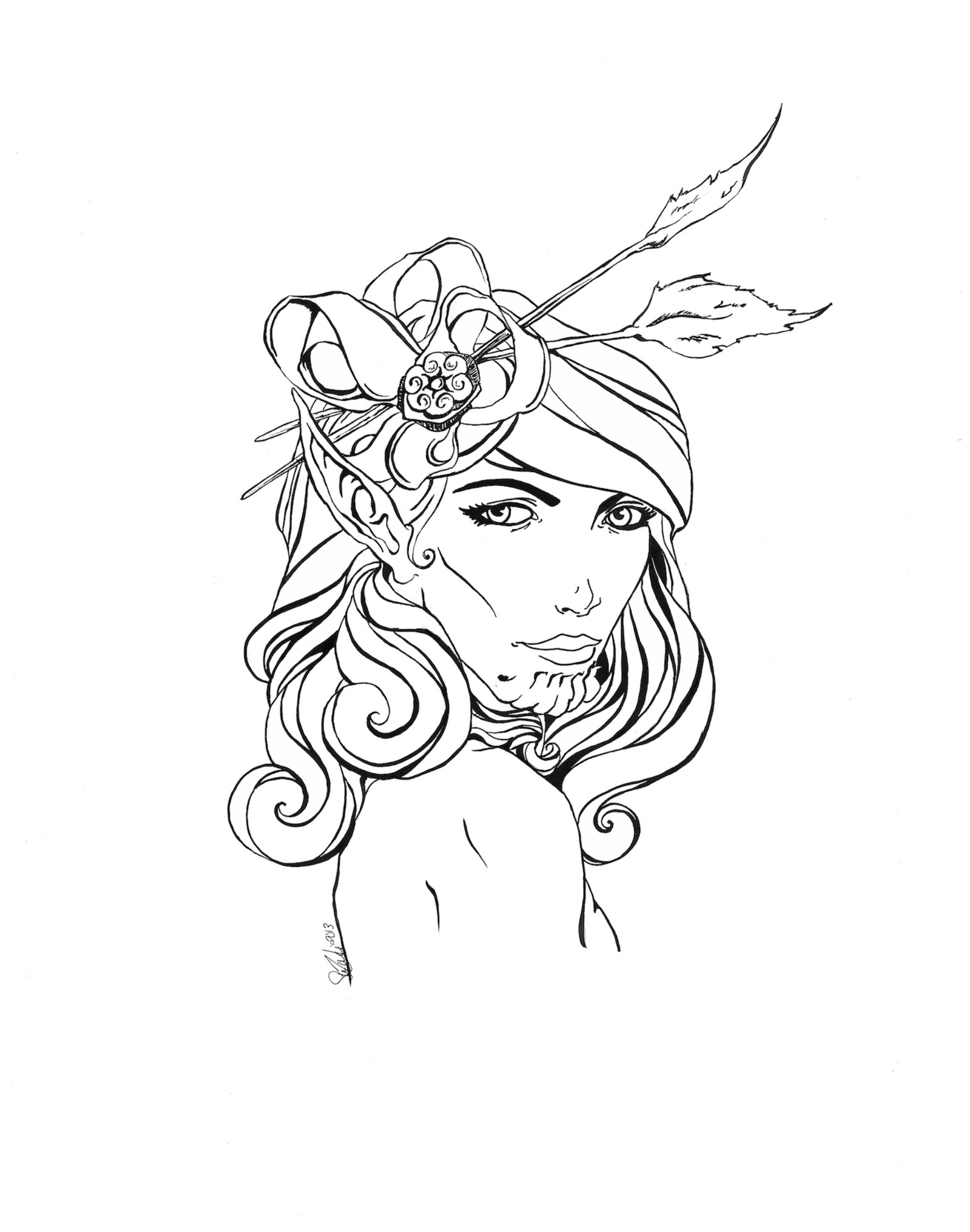 A line drawing of a woman with long, flowing hair, wearing a headpiece composed of leaves, a flower, and berries, with a serious expression on her face.