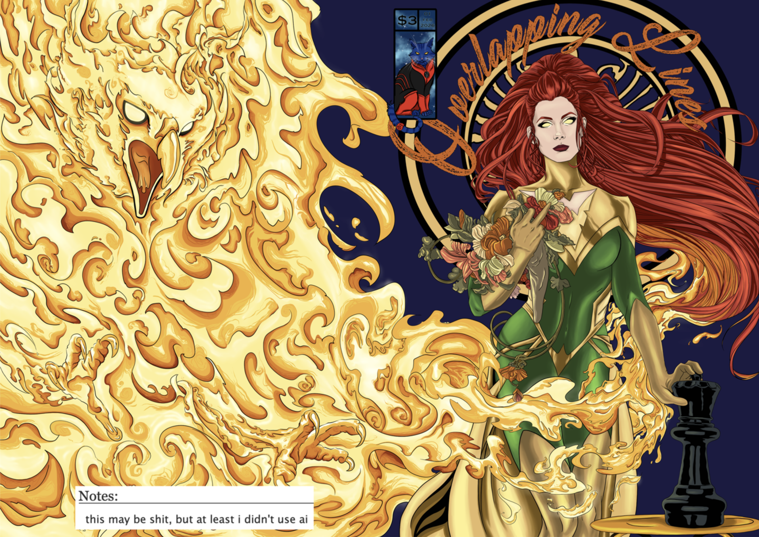 A comic-style illustration of a woman with long red hair, wearing a green dress, standing next to a large bubbling cauldron, with a background of swirling gold and dark colors. There is a cat in a phone-shaped frame and a note box in the bottom left corner.