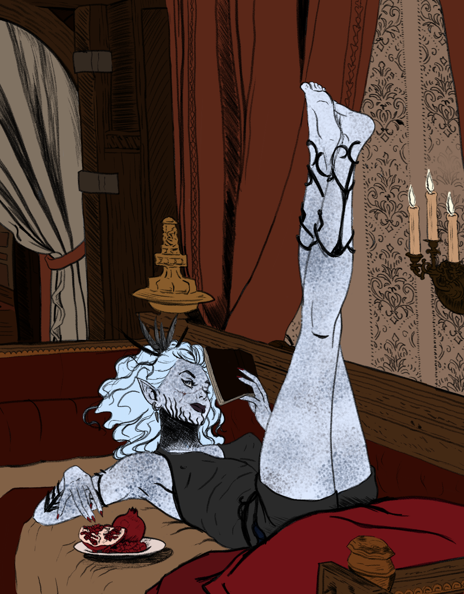 A humanoid creature with lion features and white hair, dressed in black, is reclining and eating a large piece of meat at a table. Next to the creature, a tall, skinny, white figure with long limbs and a lace-up shirt is standing. The scene appears t