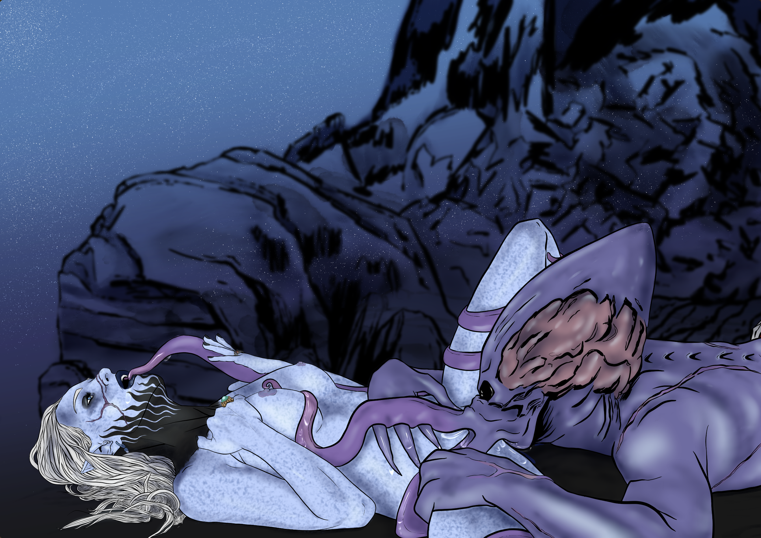 A fantasy illustration of a woman with long, flowing hair lying on a rocky terrain, surrounded by a starry night sky, with a large, glowing moon overhead. She appears to be in a relaxed or sleeping state.