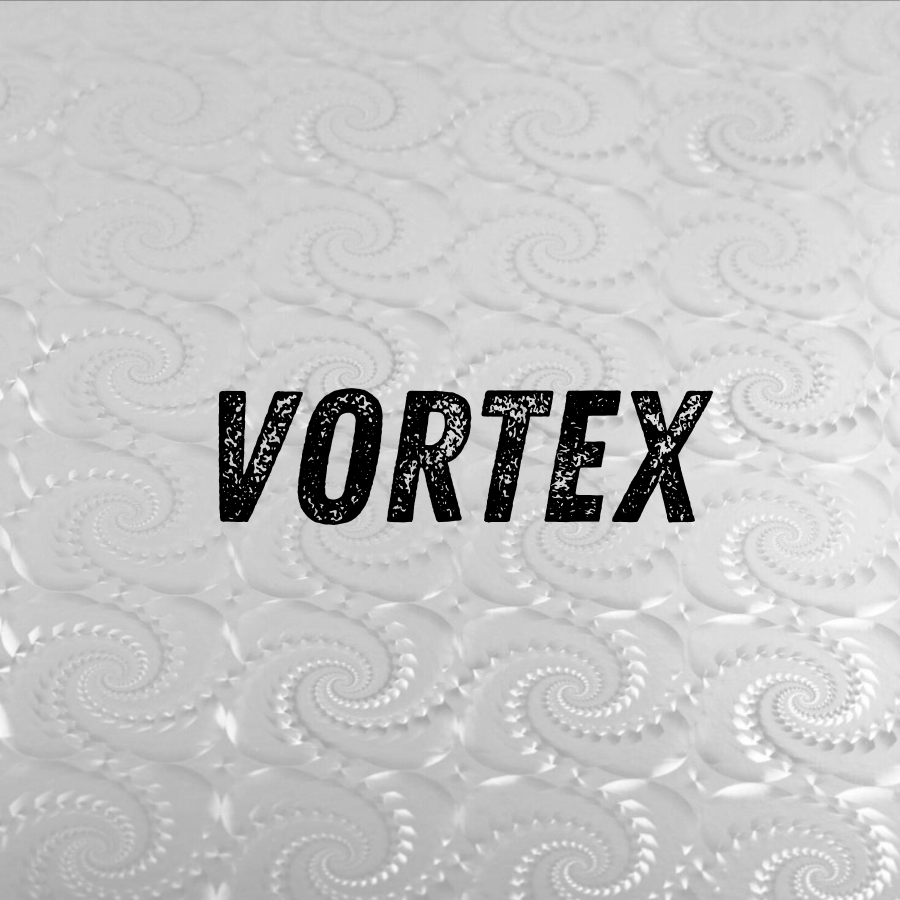 Gray textured background with swirl patterns and the word "VORTEX" in black, distressed font in the center.