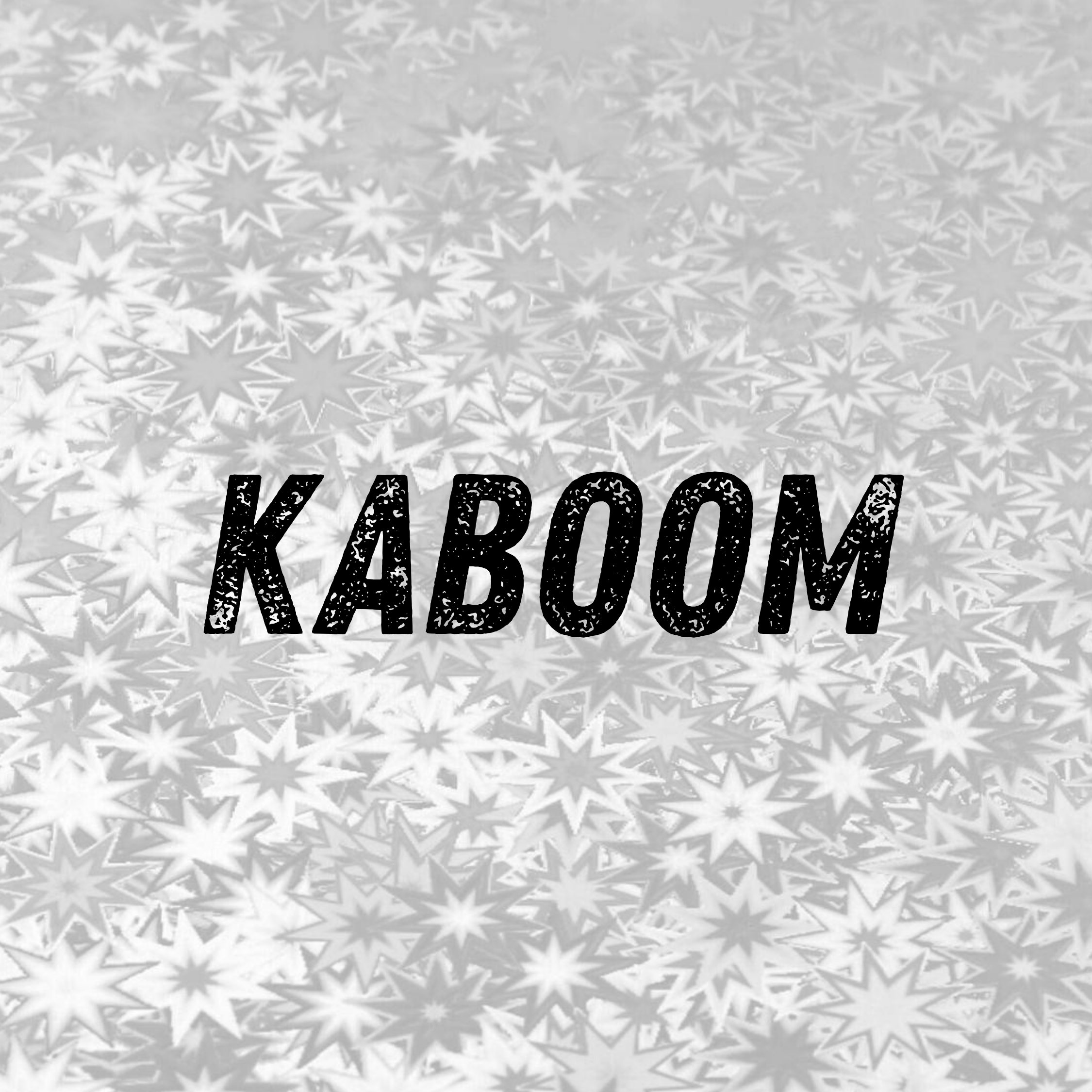 Black text reading "KABOOM" on a background of starburst patterns.