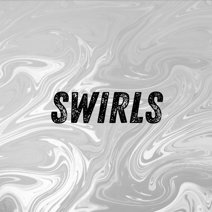 The word 'SWIRLS' in black, distressed font over a light gray, marbled background.