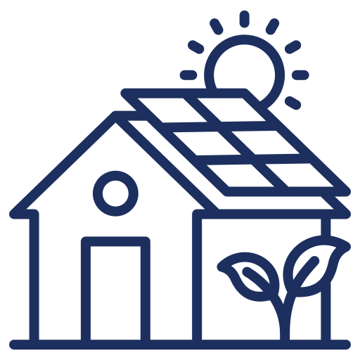 A house with solar panels on the roof, a tree in front, and the sun shining above.