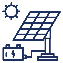 Solar panel with a gear and a battery icon, representing solar energy technology.