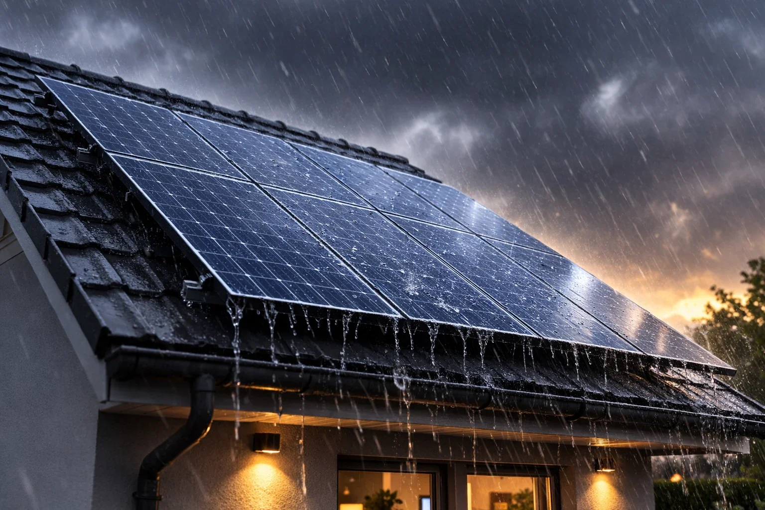 Rain falling on solar panels installed on a house roof during a storm at sunset.