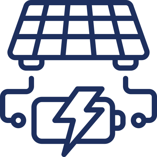 Icon of a solar panel connected to a battery with a lightning bolt, representing solar energy and power storage.