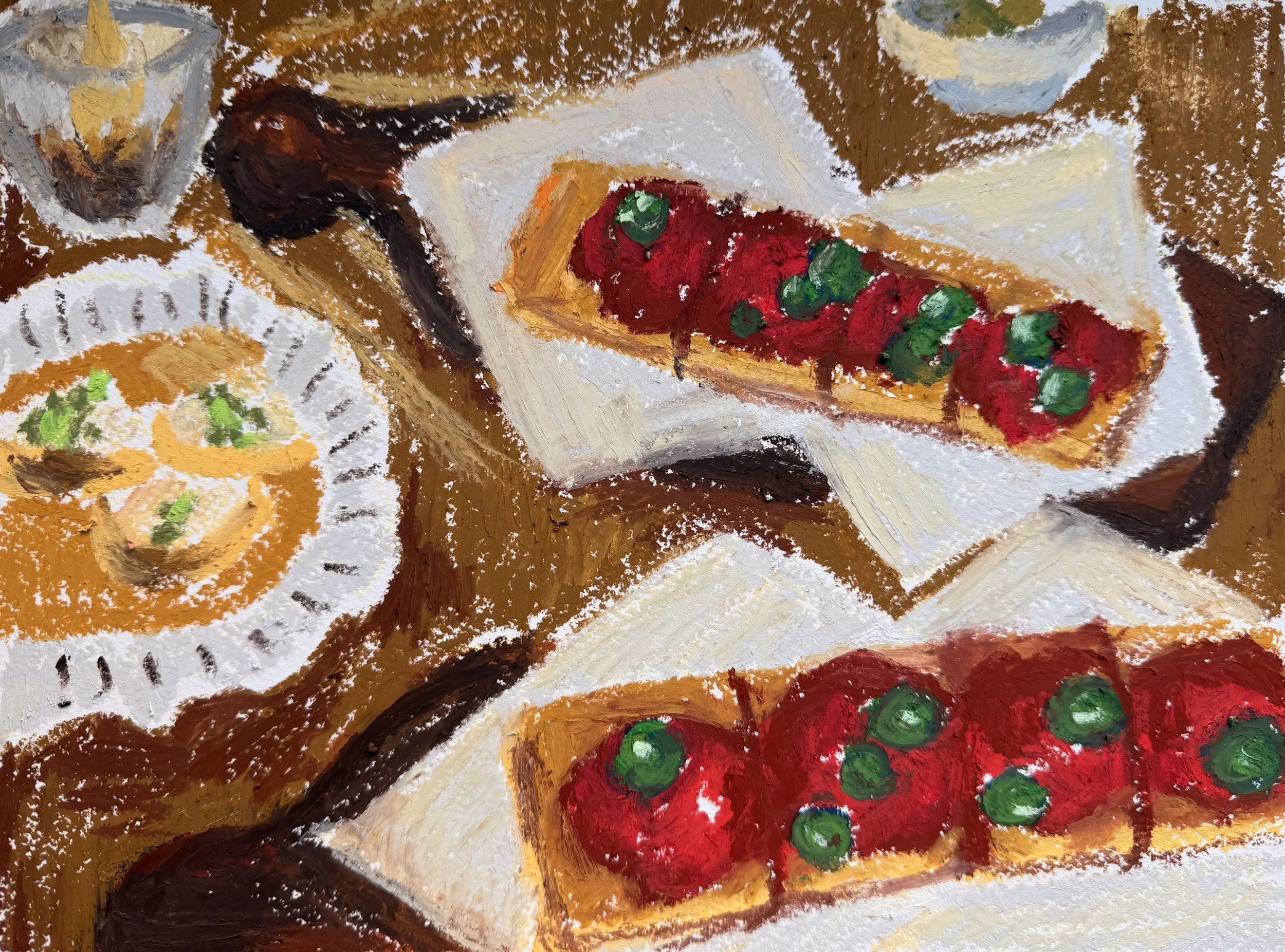 Painting of assorted colorful desserts, including cherry-topped pastries and a sweet dish with green accents, on a wooden table.