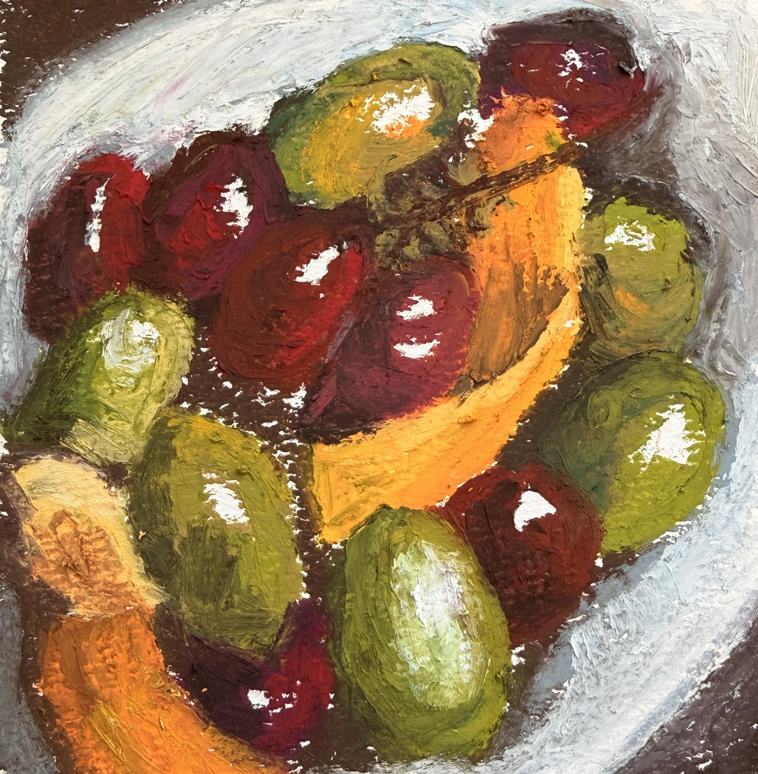 An abstract oil painting of assorted fruits including apples, bananas, and pears with bold brushstrokes and vibrant colors.