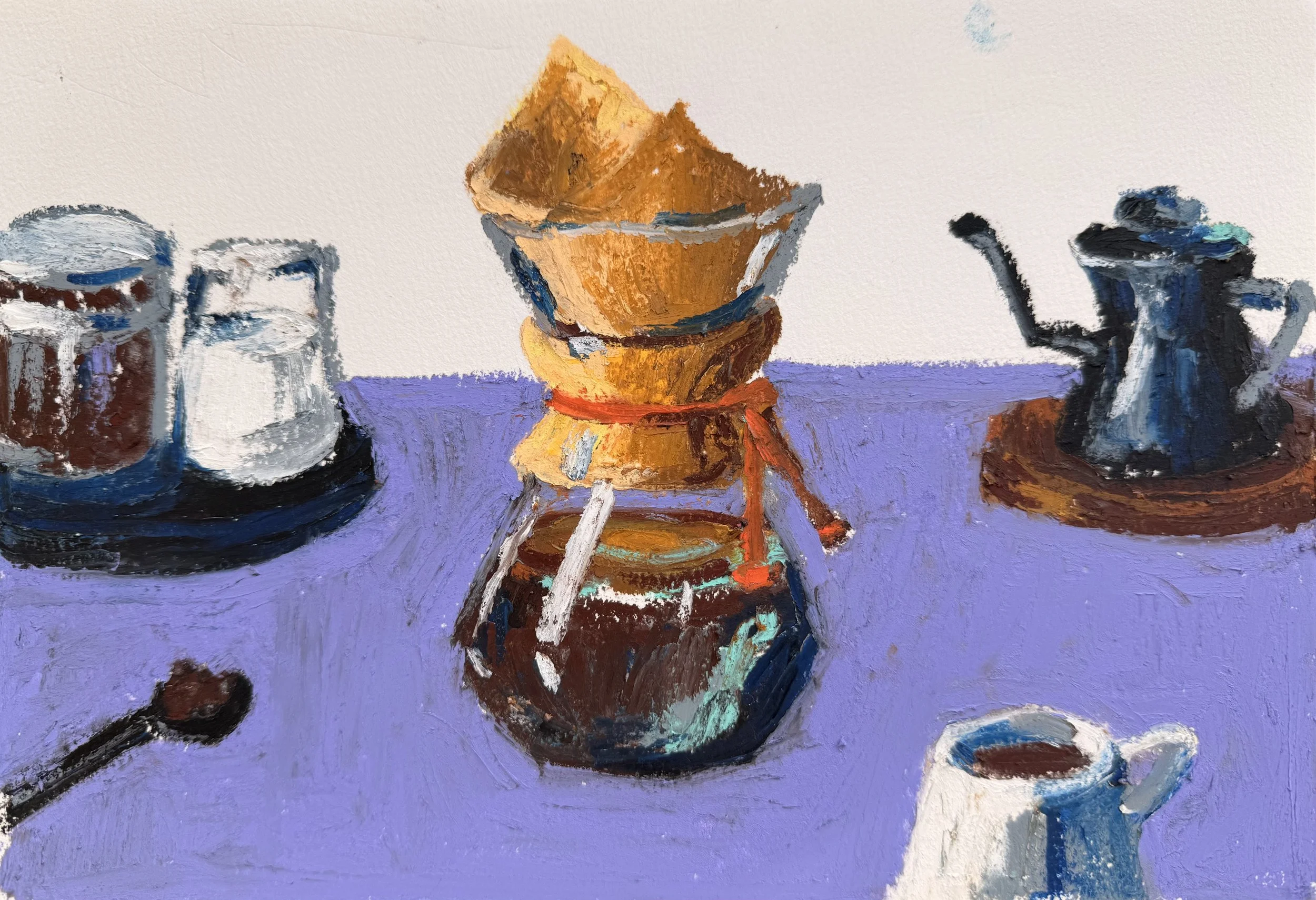 An abstract painting of a coffee setup on a purple surface, including a coffee grinder, a Turkish coffee pot, a mug, and two glass jars with white content.