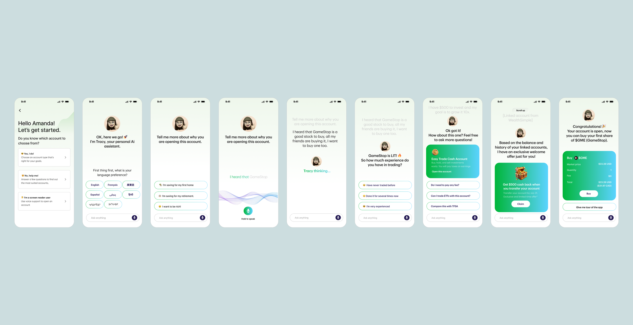 Sequence of screenshots showing a mobile app onboarding process for a financial assistant. The app greets the user Amanda, asks about account preferences, language, and purpose, then provides trading options and a promotional offer to get cashback when transferring funds, ending with a confirmation message.