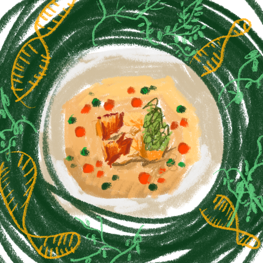A bowl of soup with pieces of chicken, cherry tomatoes, peas, and herbs, surrounded by green and yellow DNA strands and vines in a artistic, colorful style.