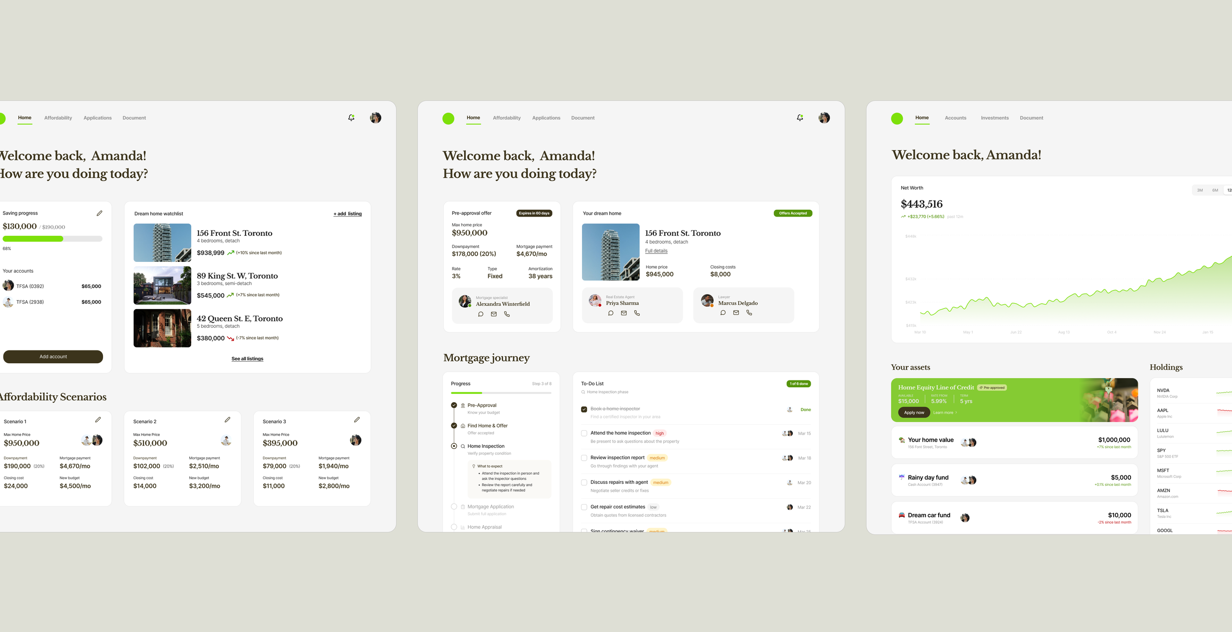 Screenshots of a real estate and financial management app showing a welcome message, property listings, mortgage details, net worth chart, and asset portfolio.