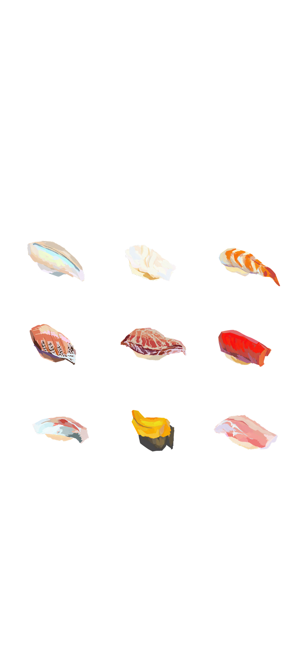 Various pieces of sushi arranged in three rows on a white background.