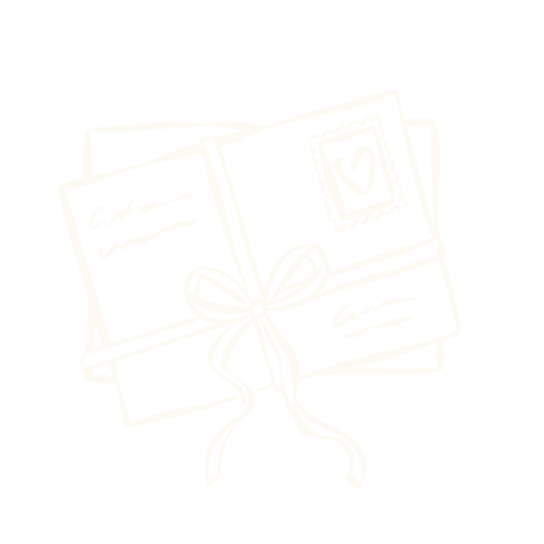 Drawing of greeting cards tied with a ribbon, one card has a heart stamp on it.