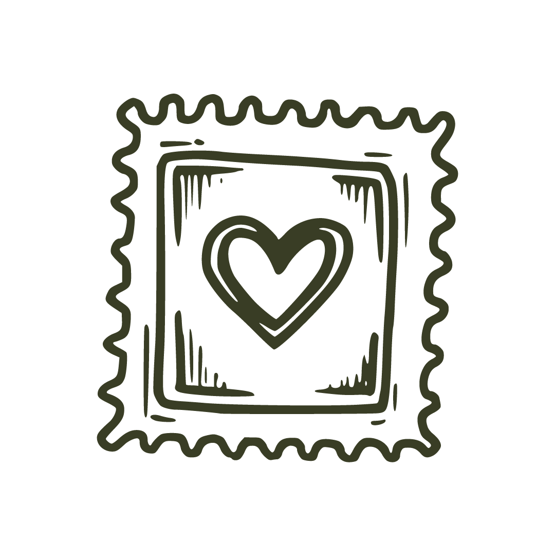 Drawing of a postage stamp with a wavy border, featuring a heart inside a rectangle.