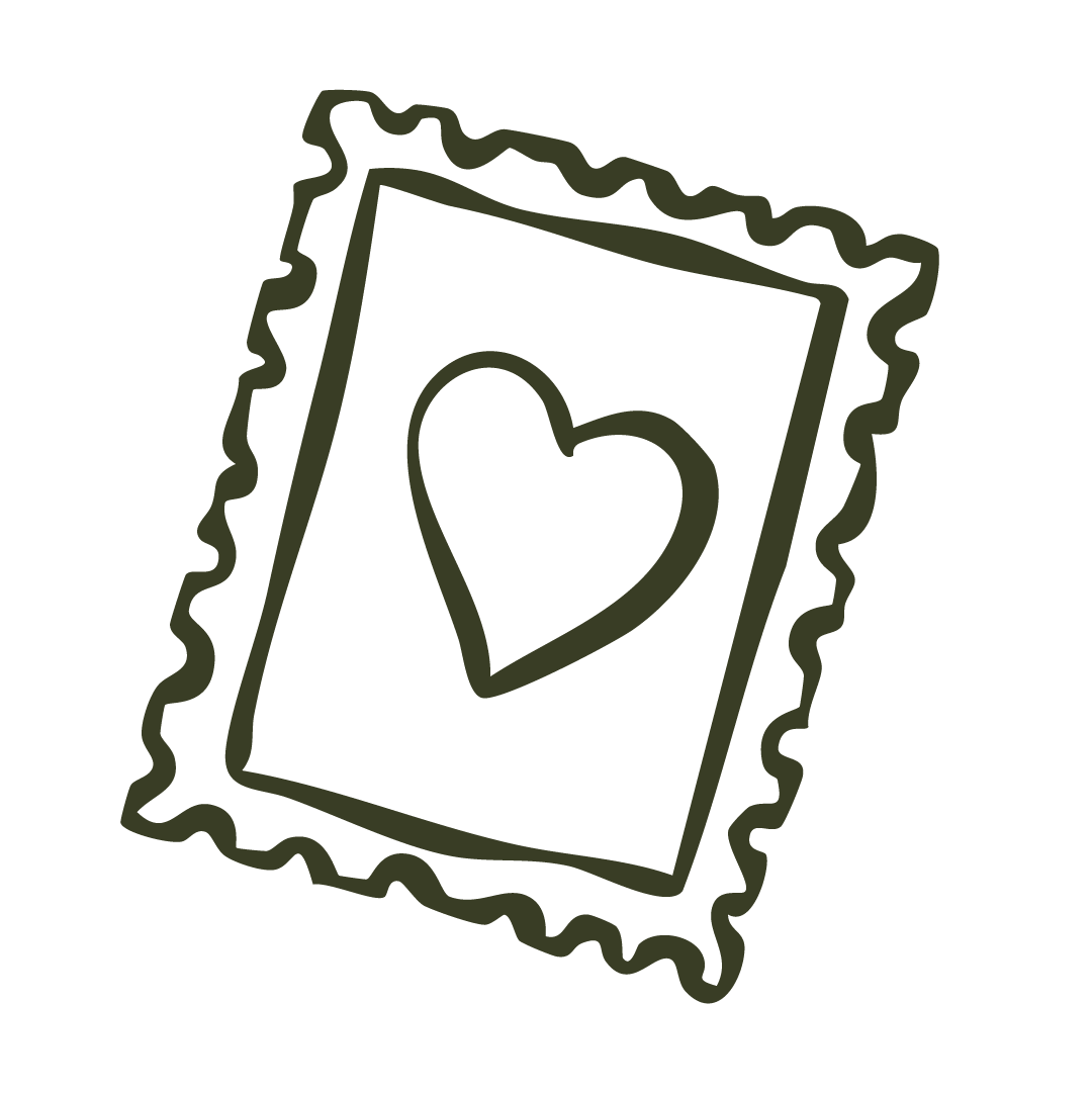 A line drawing of a greeting card with a heart in the center, surrounded by a scalloped border.