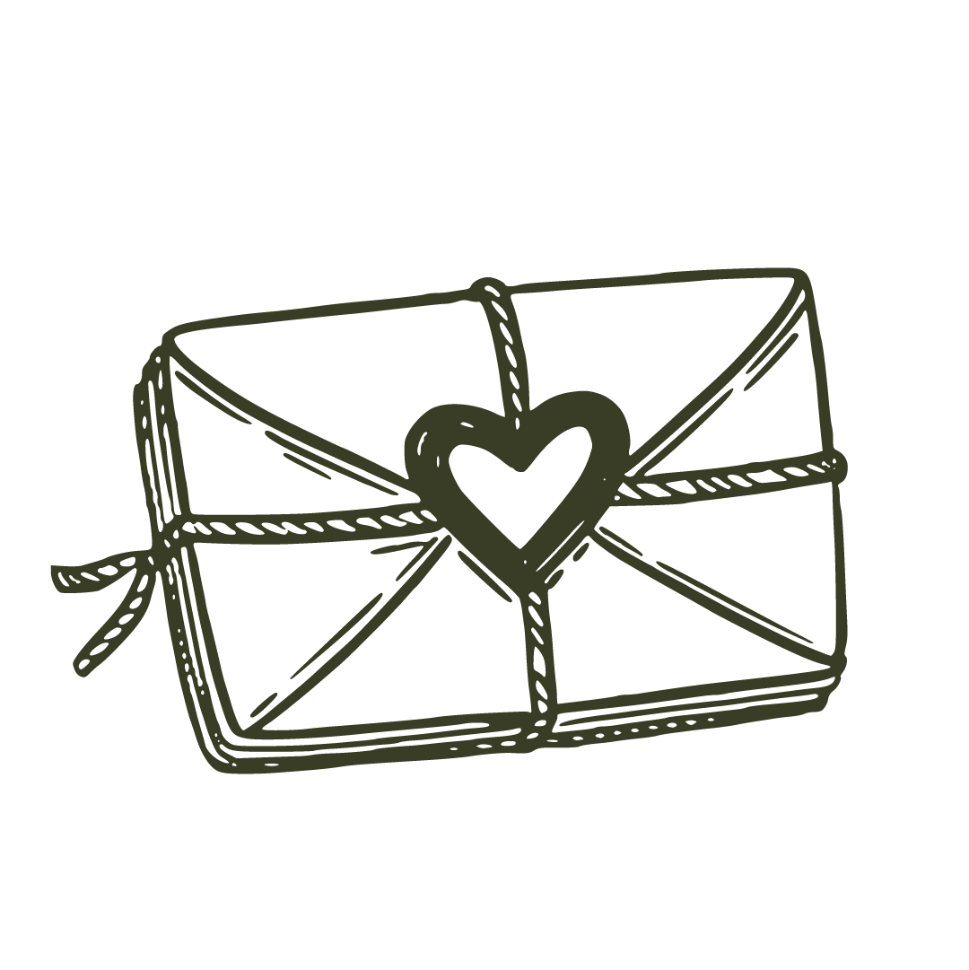 A hand-drawn illustration of a wrapped gift box with a heart-shaped tag on top.