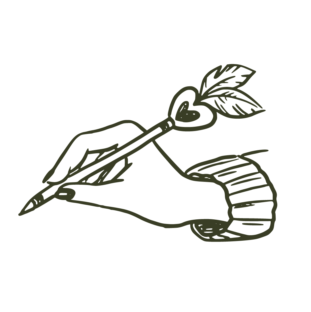 Line drawing of a hand holding a pen with a heart-shaped tip and leaves at the end, resembling a rose.