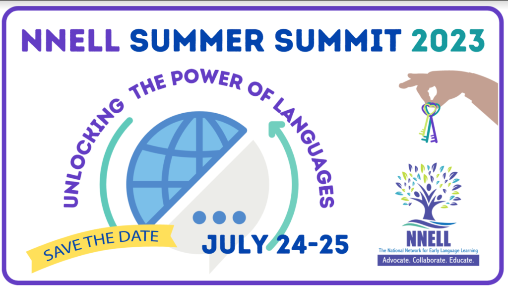 Announcement graphic for the NNELL Summer Summit 2023, scheduled for July 24-25, with a theme about unlocking the power of languages. It features a globe, a hand holding keys, and the NNELL logo, which includes a tree with colorful leaves.