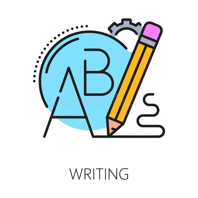 A colorful illustration with a pencil, a protractor, and the letters A and B inside a blue circle, representing writing or education.