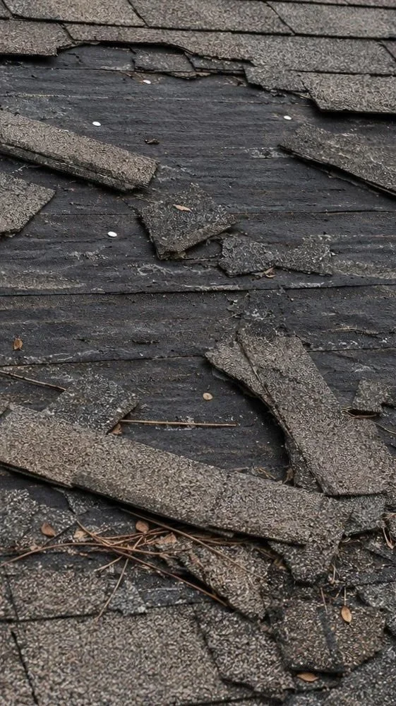 Damaged asphalt shingles with loose and curling pieces on a roof surface.