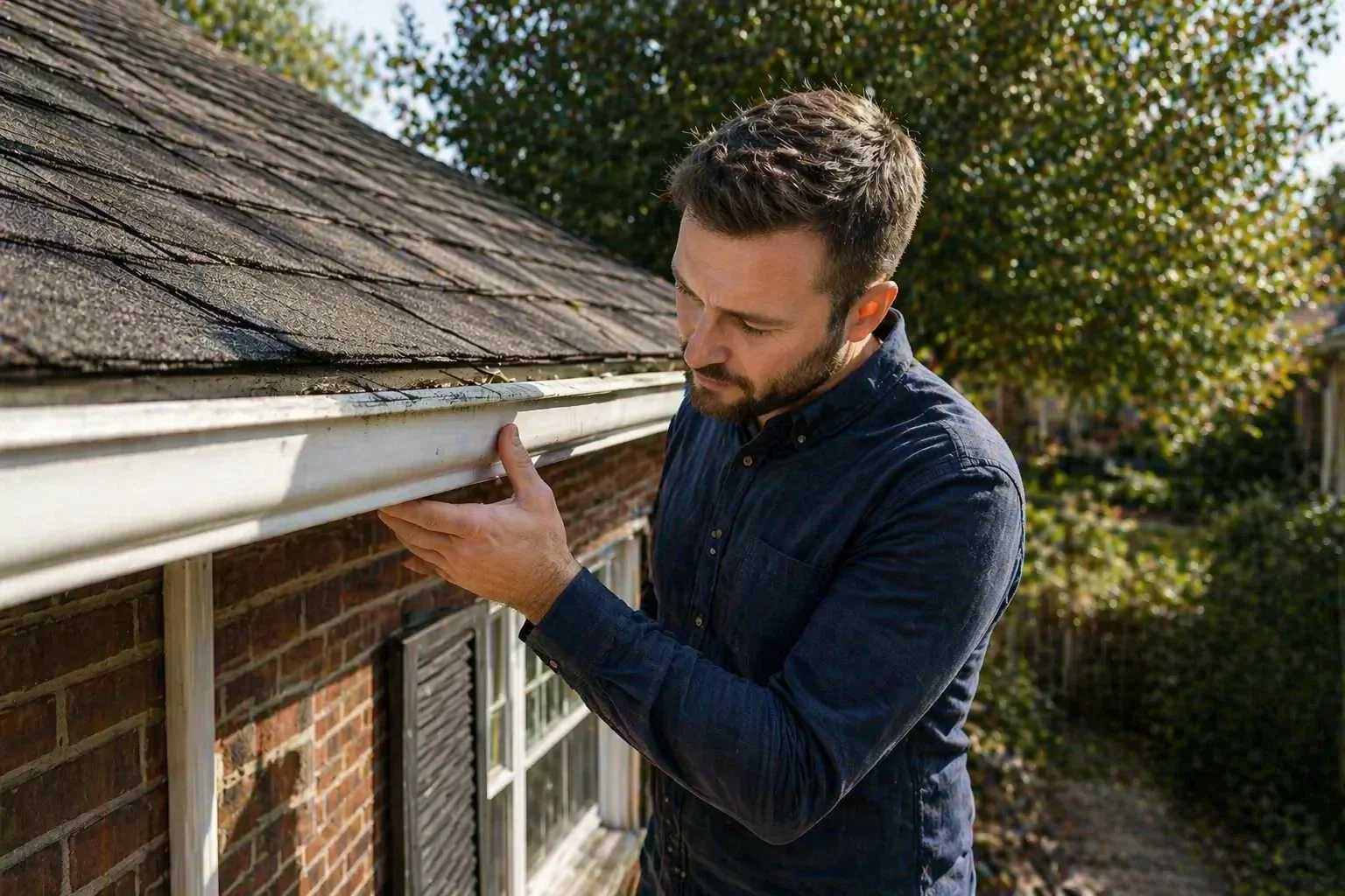 A man inspecting the gutter on the side of a brick house outdoors.